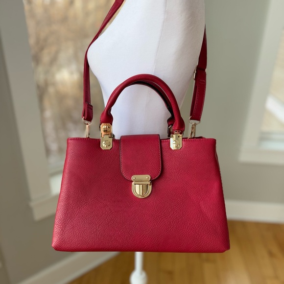 DASEIN Red Statement Handbag Purse Shoulder Bag with Bright Gold Brass Hardware - Picture 4 of 16